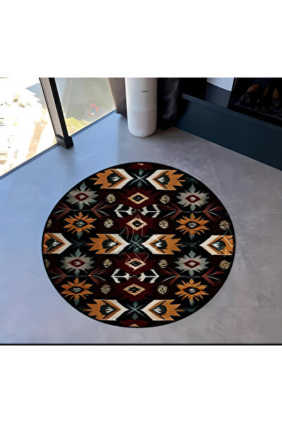 Rugs Modern Halı Dark Tone Mixed Ethnic Motif Patterned Round Woven Base Vint...