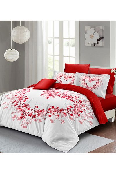 MonoHome Red Double Heart Duvet Cover Set - 100% Cotton Satin