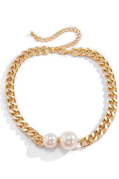 PETEK AKSESUAR Çift Incili Zincir Choker Kolye Gold