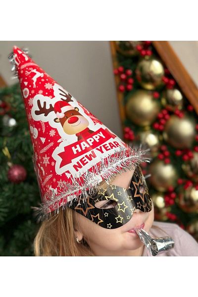 QUEEN AKSESUAR New Year's Adult Children's Deer Patterned Written Decorated Cardboard Hat Glasses with Tongue Whistle Cotton Glasses