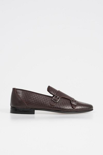 CZ London Genuine Leather Men's Patterned Loafer Shoes with Double Belt Detail