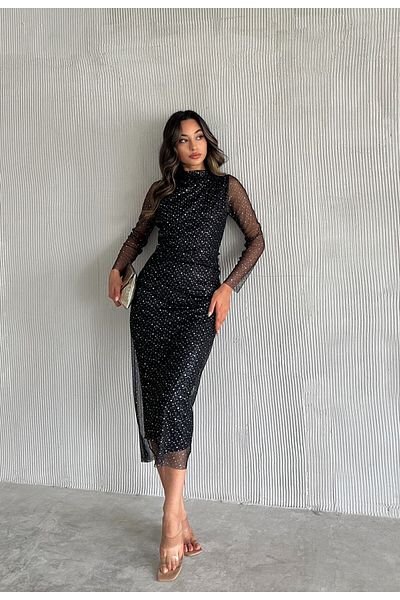 WoolnClyde Rochie de seară midi drapată neagră - Detaliu transparent cu buline, mâneci din tul și căptușeală