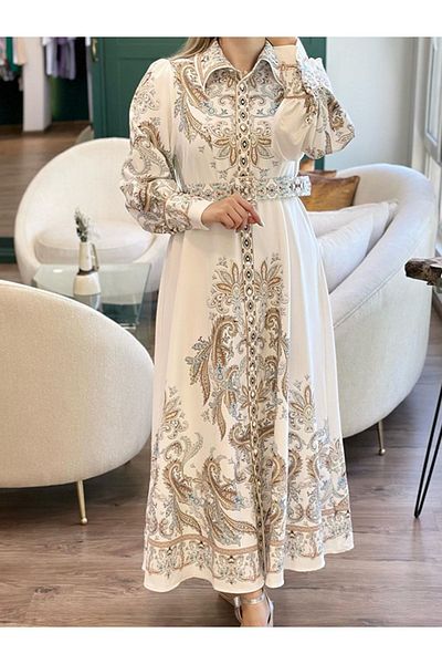 TRENDBUTİKOFFİCİAL Dámské bílé vzorované bavlněné šaty dlouhé délky s páskem s dlouhým rukávem