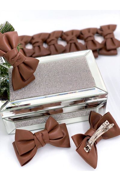QUEEN AKSESUAR Luxury Leather Large Leather Bow Paris Steel Clip Non-Tarnish Buckle Chocolate Brown