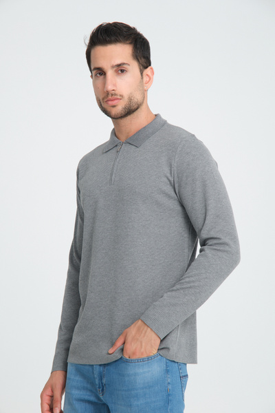 GW Luwero Men's Polo Collar Zip Slim Fit Knitwear Sweater - Diagonal Textured Jacquard