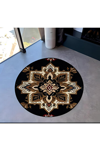 Rugs Modern Halı Brown Themed Floral Motif Patterned Round Woven Base Vintage...