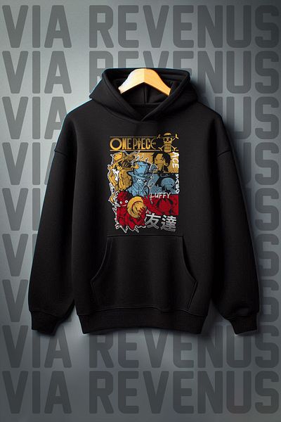 Vordevia One Piece Printed - Kangaroo Pocket Black Hooded Sweatshirt, 3 Thread Wide Fit