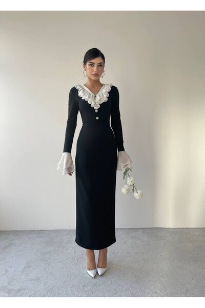 Afiş Butik Siyah Yakası Fırfırlı Düğme Detaylı Elbise