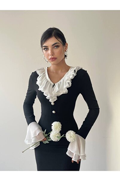 Afiş Butik Siyah Yakası Fırfırlı Düğme Detaylı Elbise