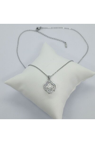 Ödül Moda Çelik Silver Zirkon Taşlı Yonca Kolye