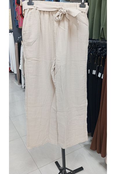 AKŞEN GİYİM Plus Size Muslin Cotton - Wide Leg Authentic Trousers with Double Pockets and Belted