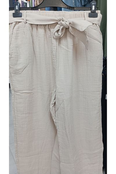 AKŞEN GİYİM Plus Size Muslin Cotton - Wide Leg Authentic Trousers with Double Pockets and Belted