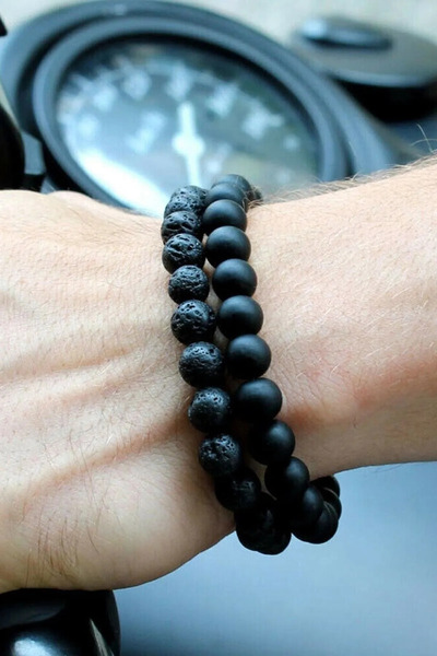 Jasmin Store سوار للجنسين من Onyx Lava مقاس 8 مم - قطع بيضاوي، مكون من قطعتين...