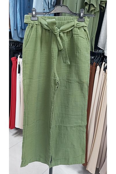 AKŞEN GİYİM Plus Size Muslin Cotton - Wide Leg Authentic Trousers with Double Pockets and Belted