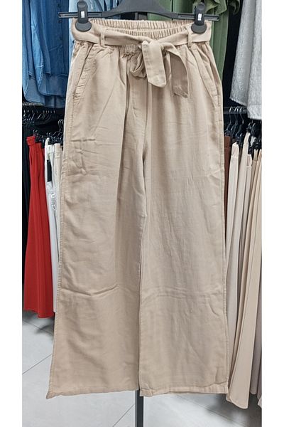 AKŞEN GİYİM Plus Size Women's - 100% Cotton Linen, Double Pocket, Belted, Elastic Waist Authentic Trousers