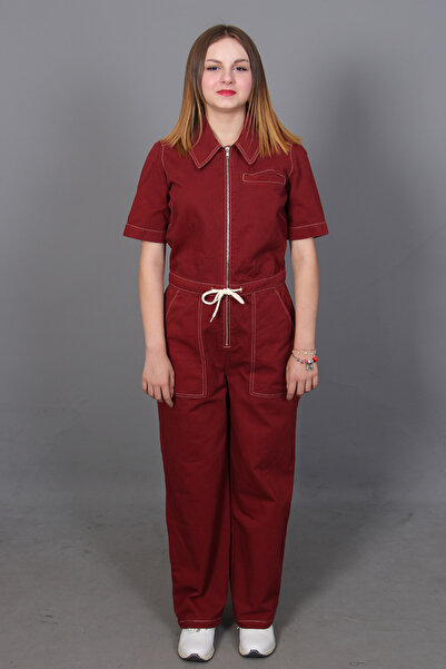 twingold Denim Kadın Kısa Kollu Bordo Tulum