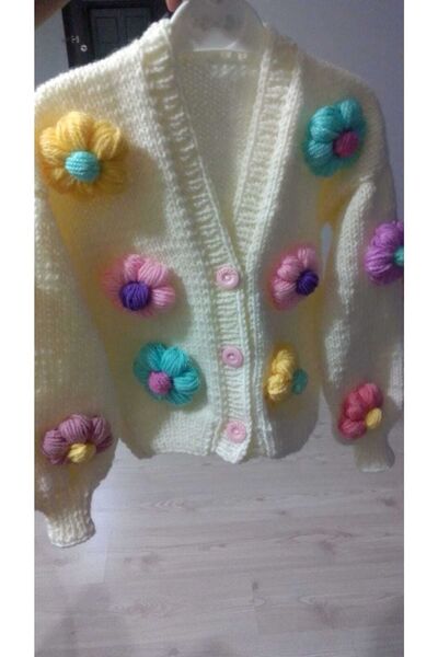 la poche Poch Boutique Hand Knitted Children's Floral Cream Cardigan