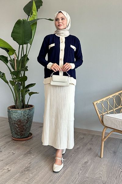 InStyle Navy Blue Knitwear Set - with Skirt and Cardigan