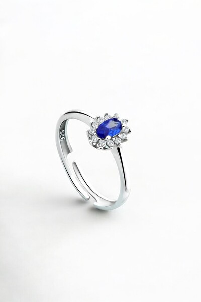 jelux silver Gümüş 925 Ayar Ayarlanabilir Safir Taşlı Oval Anturaj Yüzük
