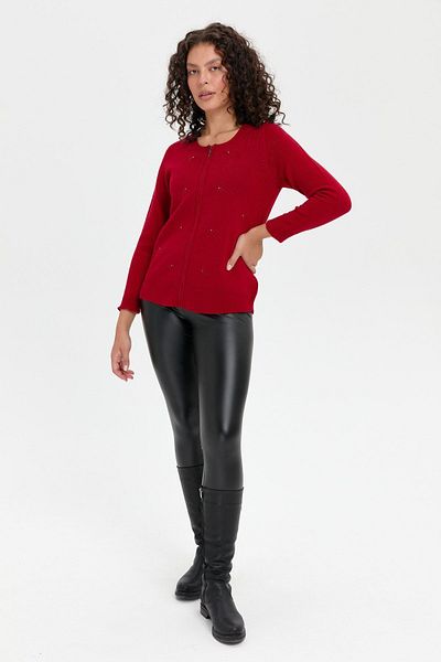 Desen Triko Stone Detailed Zippered Women's Wool Cardigan - Red
