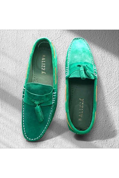 Baliz Loafer din piele naturală din piele intoarsa verde - pantofi cu ciucuri