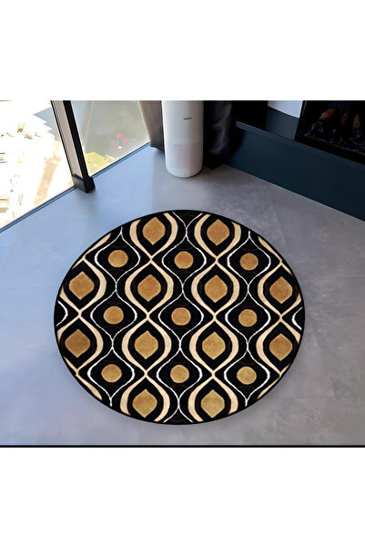 Rugs Modern Halı Black Beige Theme Ethnic Motif Patterned Round Woven Base Vi...