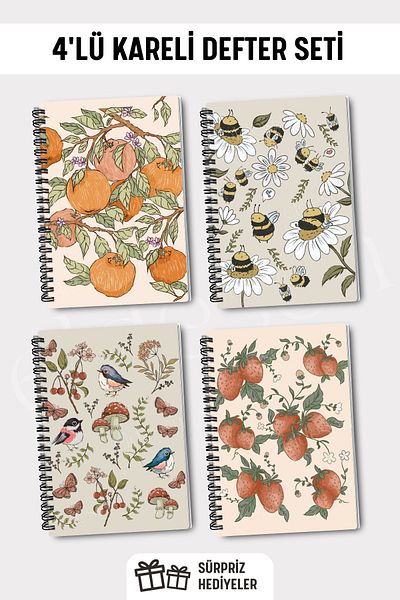Eldesen Tasarım A5 Size Set of 4 - Spiral Checked School Notebook, 50 Sheets 100 Sheets