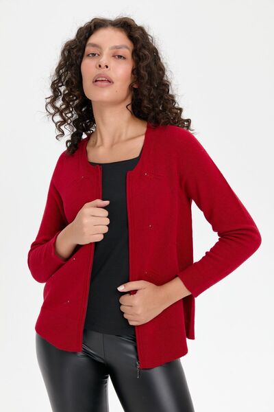 Desen Triko Stone Detailed Zippered Women's Wool Cardigan - Red