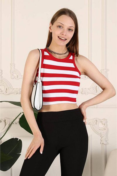 VALENS BOUTİQUE Halter Neck Striped Slim Fit Crop Tank Top