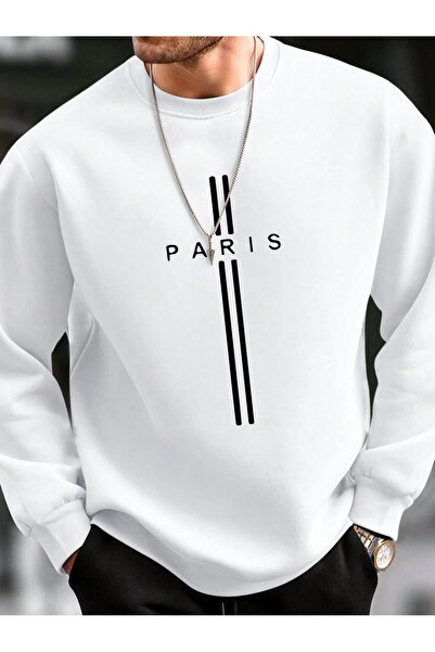 coolart Paris Dikey Çizgi Kalın Kışlık Sweatshirt - Beyaz Baskılı Oversize Şardonlu Bisiklet Yaka