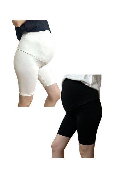 Modoo Tekstil Pack of 2 Pregnant Black-White Biker Over-the-Knee - Daily and Sports Use Recovery Leggings