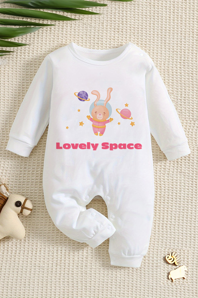 ADABEBEK Rabbit Printed Astronaut Baby Girl Jumpsuit - 22299