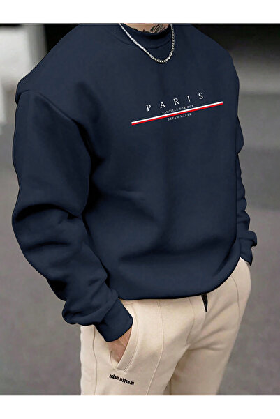 coolart Paris Çizgi Kalın Kışlık Sweatshirt - Lacivert Baskılı Oversize Şardonlu Bisiklet Yaka