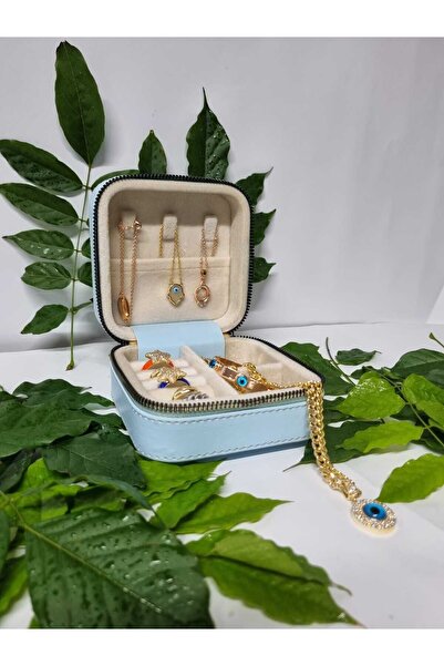 Gold Box حقيبة مجوهرات وحقيبة سفر ومجوهرات من الجلد بسحاب (حقيبة خشبية) باللو...