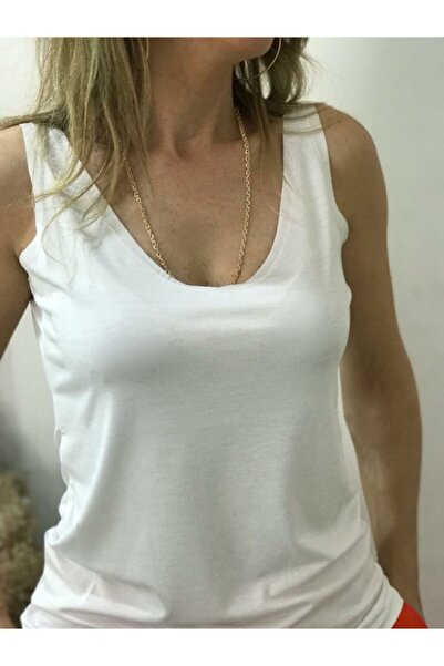 SİSTERS2HC Derin Ön Arka V Yaka Askılı Viskon Merserize Kumaş Beyaz T-shirt