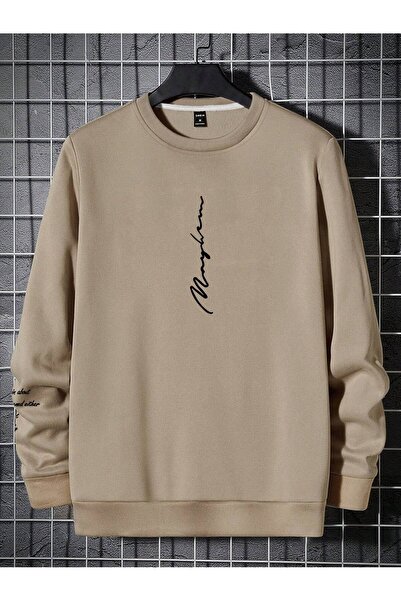 Cool Art Yazılı Kol Detay Kalın Kışlık Sweatshirt - Bej Baskılı Oversize Şardonlu Bisiklet Yaka