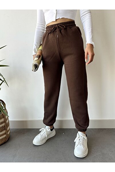 schlank Γυναικείο καφέ χειμερινό χοντρό εσωτερικό φλις ψηλόμεσο με ελαστικό πόδι Basic Jogger Sweatpants