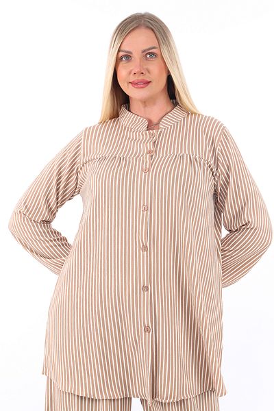 AfifeCOLLECTİON Comfortable Fit Striped Bottom Top Set Stylish Patterned Mother's Set with Trousers
