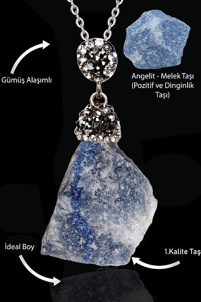 Tesbih Atölyesi Certified Angelite Necklace with Zircon Stone - Raw Engraved (Angel Stone)