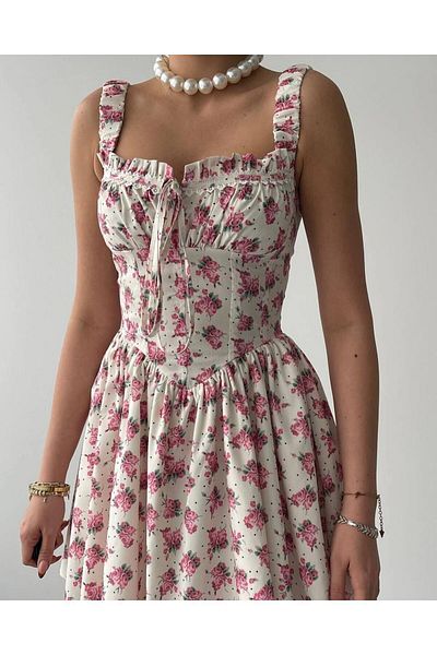 Linda Fashion Premium Mini Dress with Tie-Up Corset Detail and Rose Pattern Strap