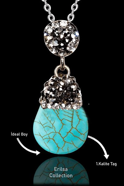 Tesbih Atölyesi Turquoise Zircon Stone Necklace - Certified and Turquoise Stone Coin Model