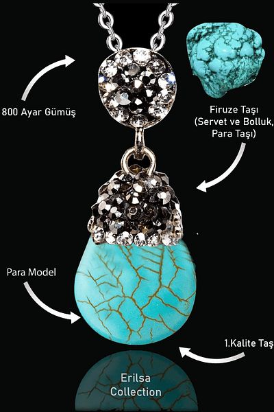 Tesbih Atölyesi Turquoise Zircon Stone Necklace - Certified and Turquoise Stone Coin Model