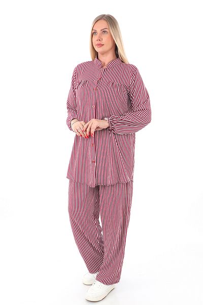AfifeCOLLECTİON Comfortable Fit Striped Bottom Top Set Stylish Patterned Mother's Set with Trousers