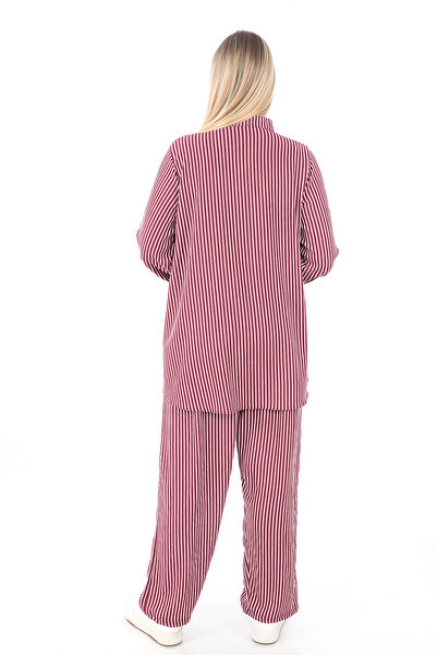 AfifeCOLLECTİON Comfortable Fit Striped Bottom Top Set Stylish Patterned Mother's Set with Trousers