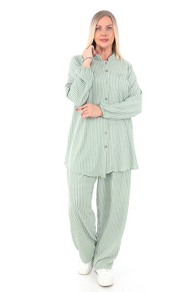 AfifeCOLLECTİON Comfortable Fit Striped Bottom Top Set Stylish Patterned Mother's Set with Trousers