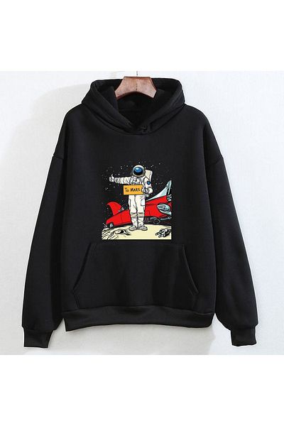 swOzz Hanorac negru unisex cu imprimeu To Mars Astronaut Take Me to Space