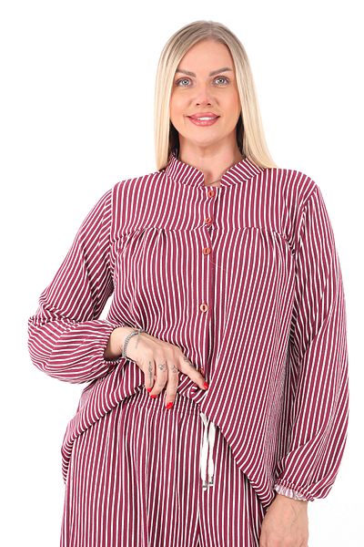 AfifeCOLLECTİON Comfortable Fit Striped Bottom Top Set Stylish Patterned Mother's Set with Trousers