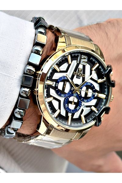 Reward Men's Wristwatch - Gold Color, Large Case, Steel Cord + Bracelet