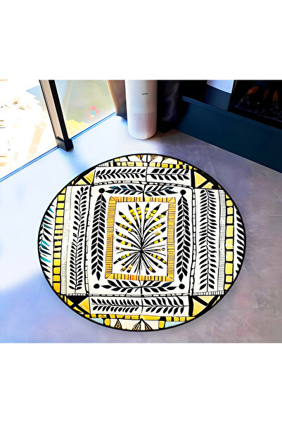 Rugs Modern Halı Mira Round Yellow Black Mixed Shapes Patterned Woven Base De...
