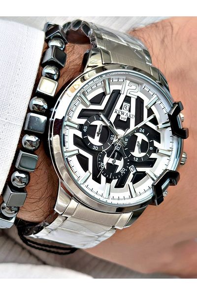 Reward Men's Silver Colored Large Case Steel Cord Wrist Watch + Bracelet